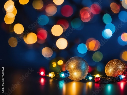 christmas bokeh lights over dark blue background  holiday illumination and decoration concept