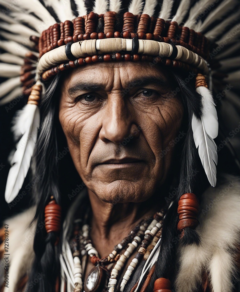 portrait of a Native American tribal chief, isolated white background
