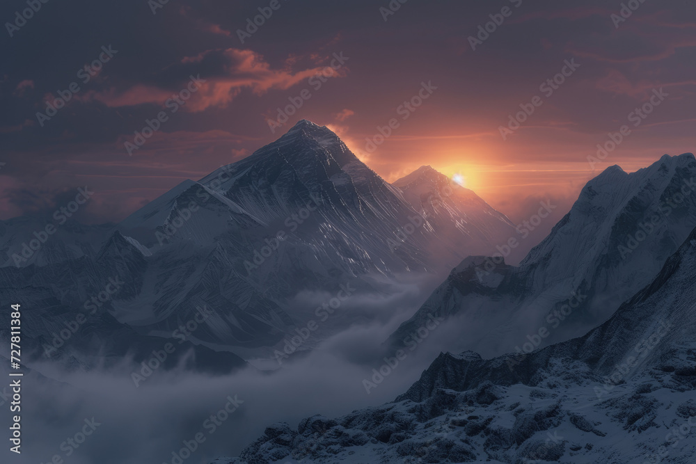 View of the Himalayas during a foggy sunset
