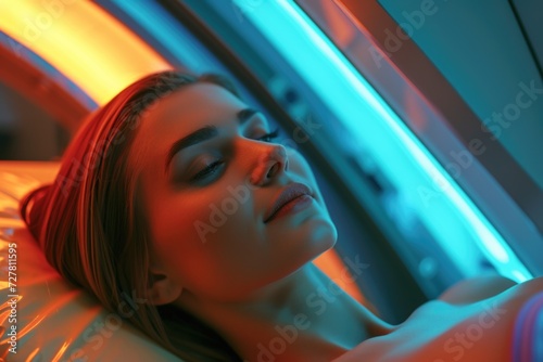 A woman peacefully lying in a tanning bed with her eyes closed. Perfect for beauty and relaxation concepts photo