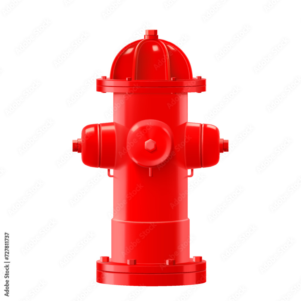 Closeup of bright red fire hydrant isolated on white background. Tool used by firefighters for extinguishing flames. Realistic 3d vector illustration