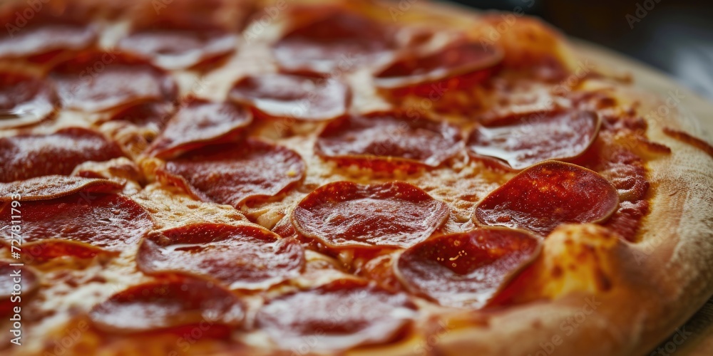 A mouthwatering pepperoni pizza displayed on a rustic wooden cutting board. Perfect for food blogs, restaurant menus, or advertising campaigns A mouthwatering pepperoni pizza displayed on a rustic wooden cutting board. Perfect for food blogs, restaurant menus, or advertising campaigns