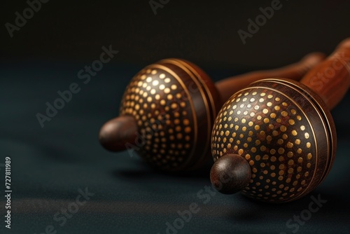 Two wooden bells placed on a table. Suitable for various decorative purposes © Fotograf