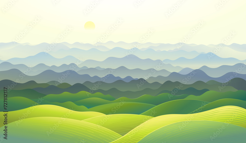 Hilly landscape with a panoramic format of mountain ranges in the fog. Raster illustration.