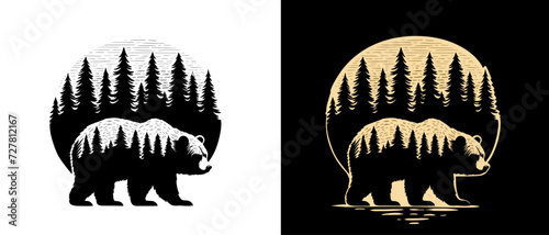 Beautiful outdoor bear in forest handdrawn vintage vector illustration