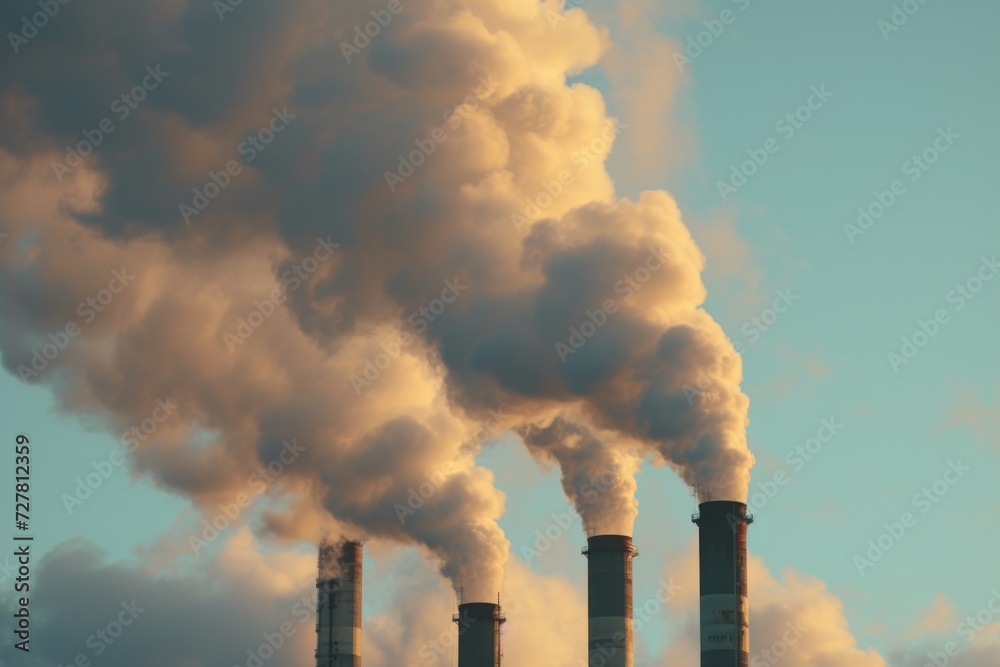 Smokestacks emitting from a factory, suitable for illustrating industrial processes and pollution. Can be used in environmental articles or reports