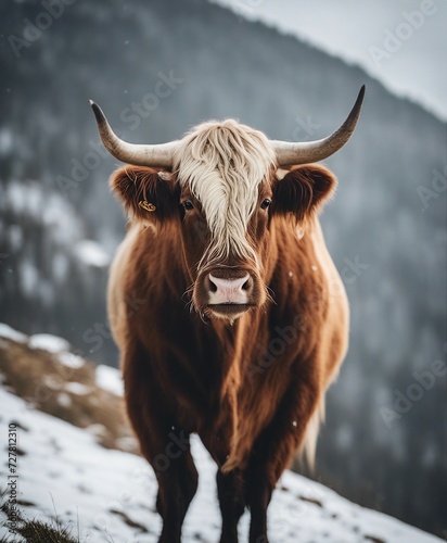 portrait of highlander cow, isolated white background 