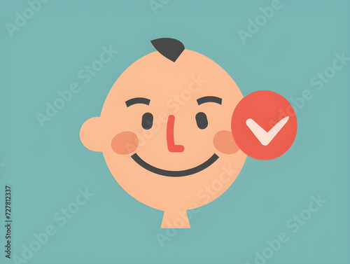 Cartoon Smiling Face with Checkmark Icon Illustration - Happy Character Concept, Approval and Achievement Symbol, Kids' Positive Emotion Graphic on Teal Background for Marketing & Education photo