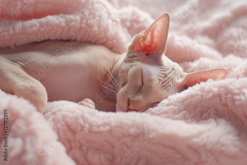 A cat peacefully sleeping on a soft pink blanket. Perfect for pet lovers and cozy home decor