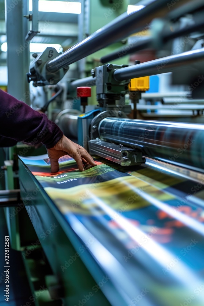 Fototapeta premium A man is seen working on a printing machine in a factory. This image can be used to showcase the process of printing or to represent the manufacturing industry