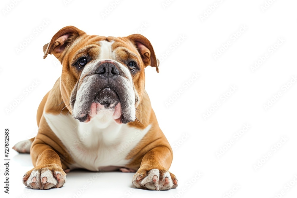 A brown and white dog peacefully resting on a clean white surface. Suitable for various uses
