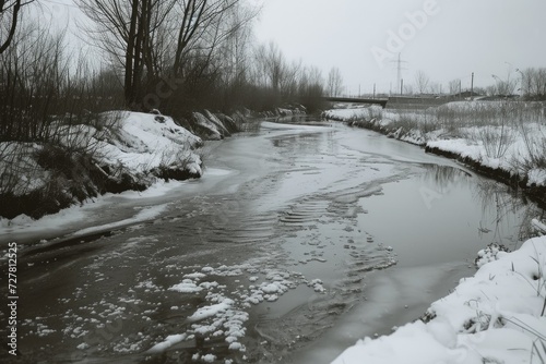 A serene black and white photograph capturing a river amidst a snowy landscape. Ideal for winter-themed projects and nature-themed designs