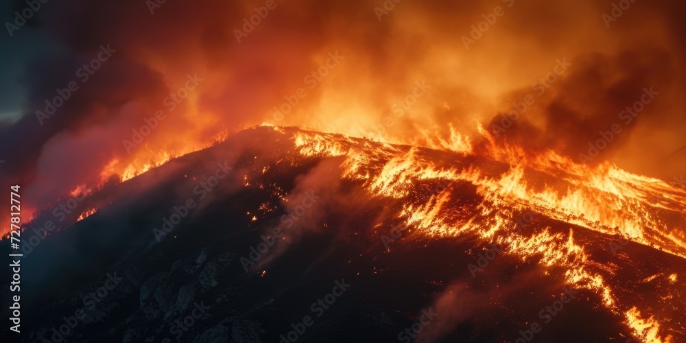 A mountain engulfed in flames and smoke. Perfect for illustrating natural disasters and the destructive power of fire