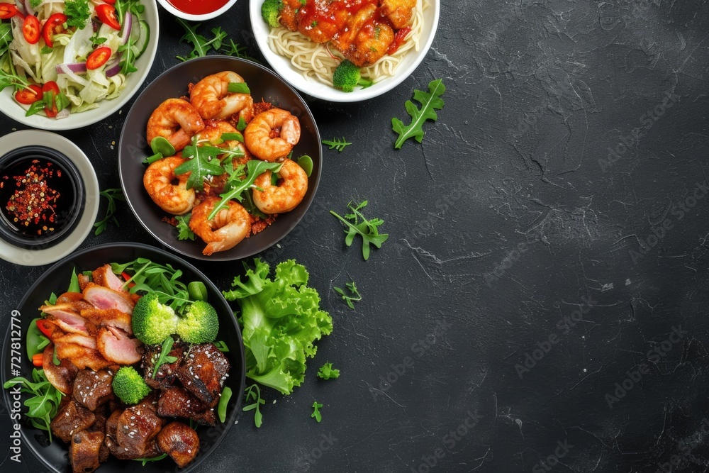 A table with an assortment of food and bowls of sauce. Perfect for food-related projects or restaurant promotions A table with an assortment of food and bowls of sauce. Perfect for food-related projects or restaurant promotions