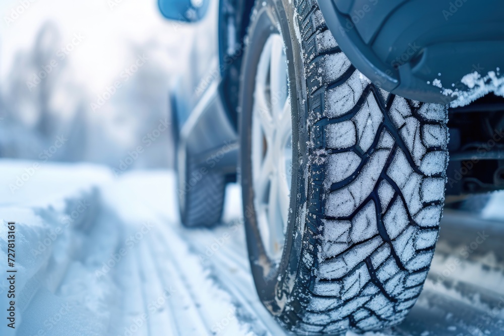 A close up view of a tire on a snowy road. Ideal for winter driving or weather-related concepts