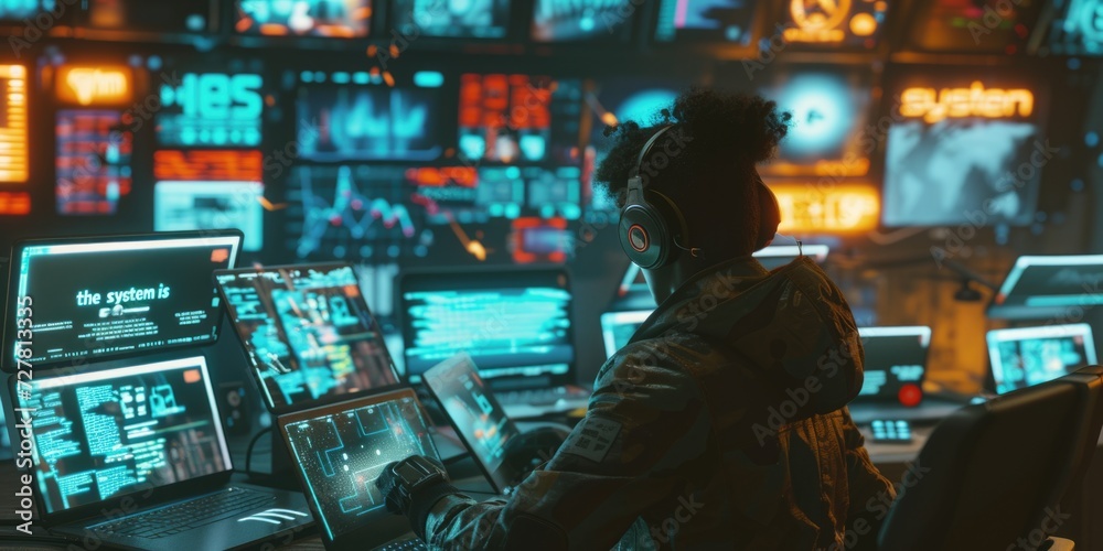 A person sitting in front of a group of laptops. Ideal for technology-related projects A person sitting in front of a group of laptops. Ideal for technology-related projects