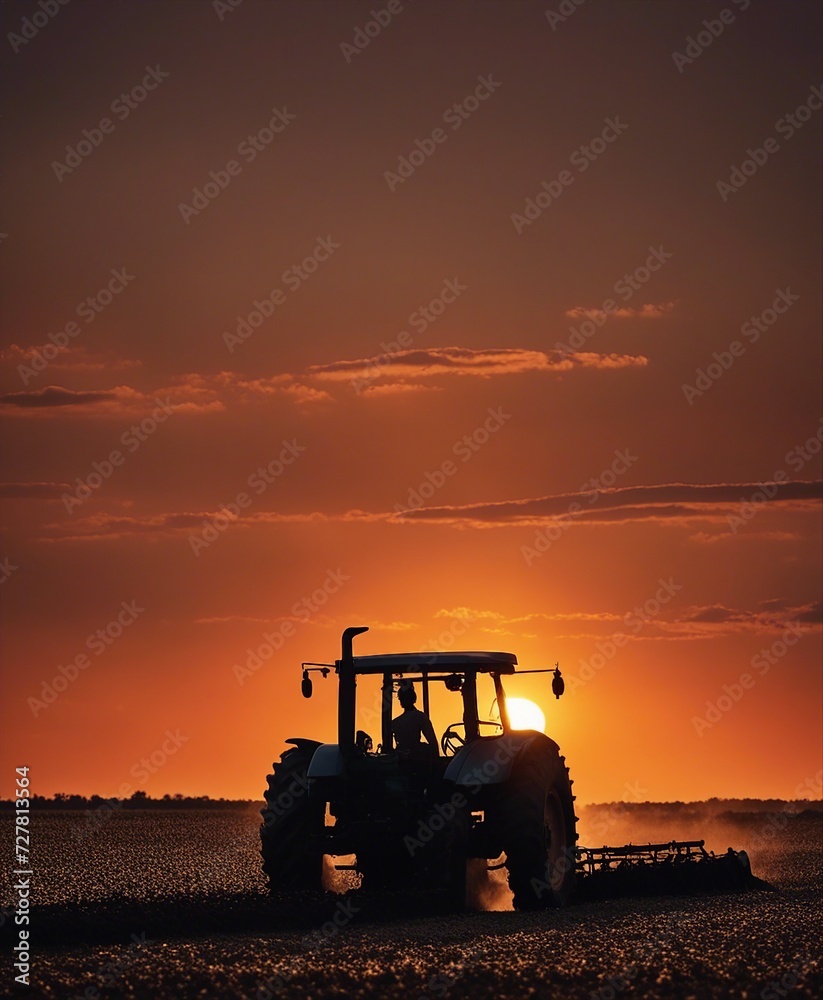Obraz premium silhouette of farmer on tractor fixed with harrow plowing agriculture field soil during dusk and orange sunset 