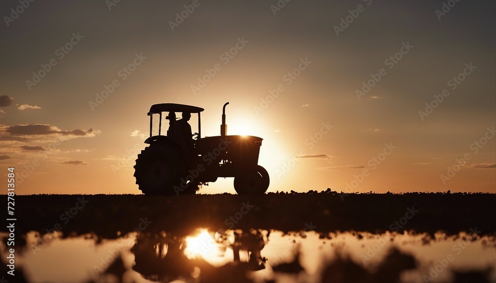 Fototapeta premium silhouette of farmer on tractor fixed with harrow plowing agriculture field soil during dusk and orange sunset 