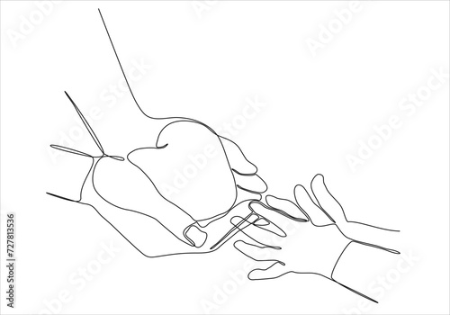 One line drawing of kids giving love heart shaped to mom or dad. Mom and dad love the concept of nurturing care. Family insurance sign symbol. Continuous line drawing design, vector illustration