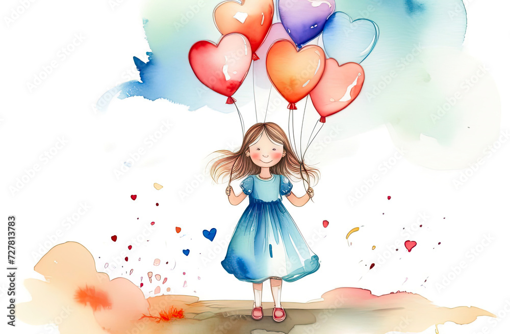 Little cute girl in a bright blue dress posing while holding balloons and flowers in her hands.