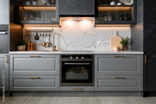 A fully equipped kitchen with a stove, oven, and cabinets. Perfect for showcasing modern kitchen designs or illustrating cooking and culinary concepts