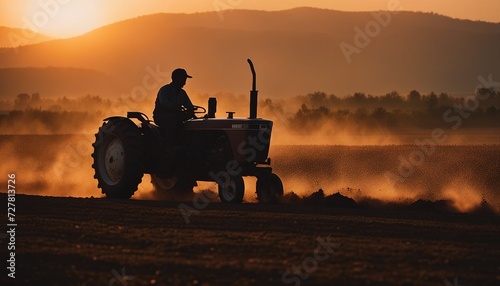 silhouette of farmer on tractor fixed with harrow plowing agriculture field soil during dusk and orange sunset
