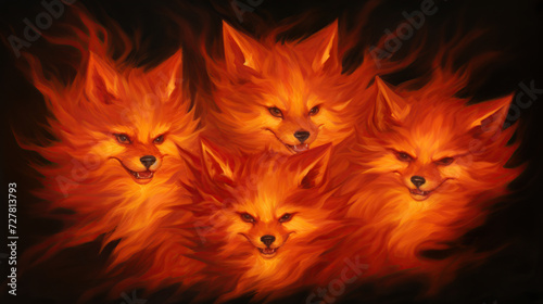 Fiery Spirits: A Captivating Artwork of Four Flaming Foxes Illuminated in the Dark