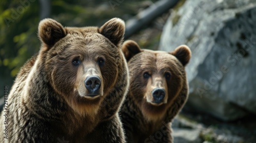 Two brown bears standing side by side. This image can be used to depict wildlife, nature, animals, or conservation