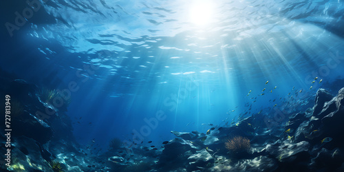 Underwater view of coral reef with fishes and rays of light.