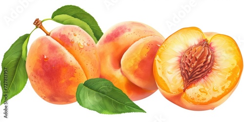 A group of peaches with leaves on a clean white background. Ideal for food and fruit-related designs