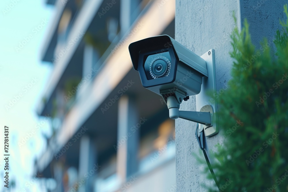 A security camera attached to the side of a building. Can be used for surveillance and monitoring purposes A security camera attached to the side of a building. Can be used for surveillance and monitoring purposes