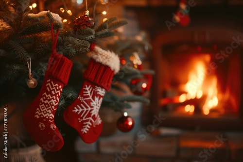 Christmas stockings hanging from a tree in front of a cozy fireplace. Perfect for holiday-themed designs and festive decorations