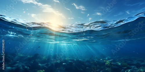 Canvas Print Underwater view of coral reef with fishes and rays of light.