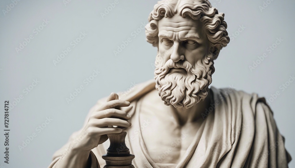 statue of a Greek philosopher in contemplation, isolated white background 