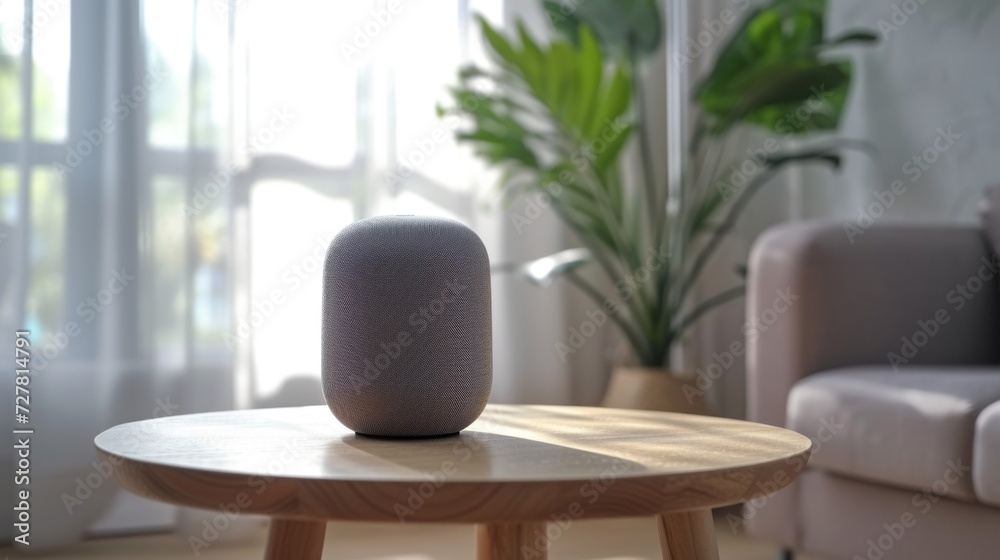 A smart speaker sitting on top of a wooden table. Ideal for technology and home decor concepts A smart speaker sitting on top of a wooden table. Ideal for technology and home decor concepts