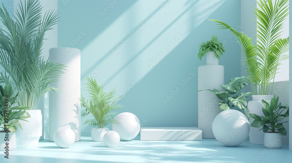 Podium two boxes in blue against a light green background, cube podium with blue frame placed against green wall background. Abstract minimal studio 3d geometric shape object. Mockup spaced Podium two boxes in blue against a light green background, cube podium with blue frame placed against green wall background. Abstract minimal studio 3d geometric shape object. Mockup spaced