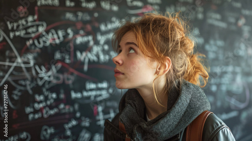 Frustrated student girl looking at an incorrectly solved math equation on the board. Difficulties in studying, unwillingness to do homework, did not pass the exam. photo