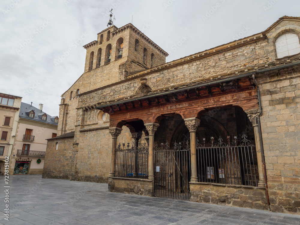 Entrance To The Roman Style Cathedral Of Jaca Dates In The Eleventh Century In Jaca. Travel, landscapes, nature, architecture.  Jaca, Huesca, Aragon.