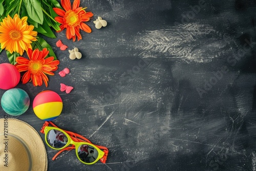 A collection of accessories including a hat, sunglasses, and flowers arranged on a chalkboard. This versatile image can be used for fashion, summer, or lifestyle themes