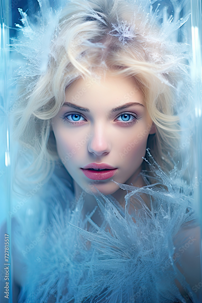 Beautiful young woman with clean fresh skin looking through a ice. Concept of cold treatment in physiotherapy, cosmetology, slowing down aging, prolonging youth. Cryotherapy banner. Beautiful young woman with clean fresh skin looking through a ice. Concept of cold treatment in physiotherapy, cosmetology, slowing down aging, prolonging youth. Cryotherapy banner.