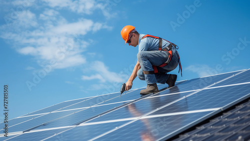 Harnessing the Sun: Technician Installing Solar Panels