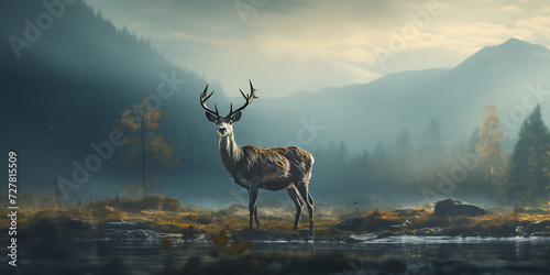 Deer in the misty autumn forest. 3D Rendering