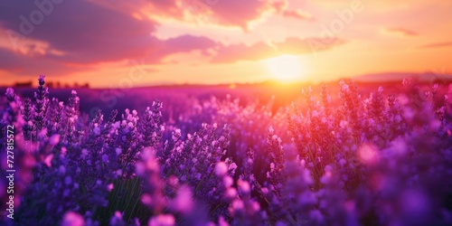 A beautiful field of purple flowers with the sun setting in the background. Perfect for nature and landscape themes