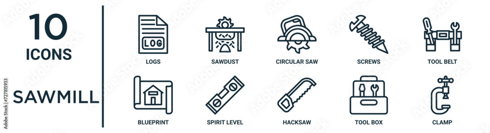 sawmill outline icon set such as thin line logs, circular saw, tool ...