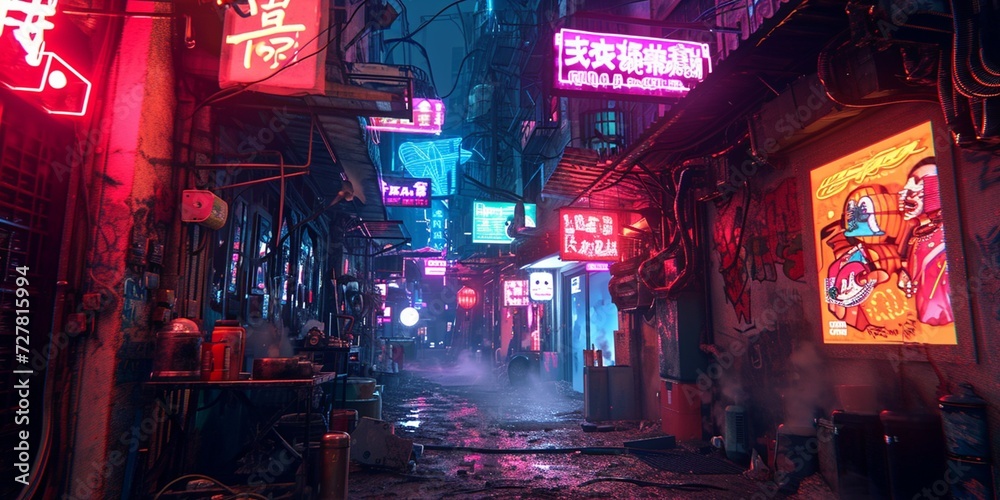 Create a cyberpunk alleyway with neon signs and futuristic advertisements.