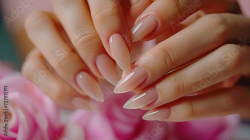 Close-up image of a person s hands with a pink manicure. Versatile image suitable for beauty  fashion  and personal care themes