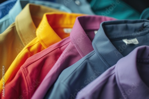 Colorful shirts hanging on a rack. Versatile image for fashion, retail, and clothing concepts