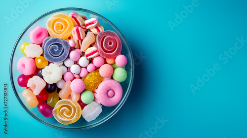 Different colored round candy in bowl and jars. Top view