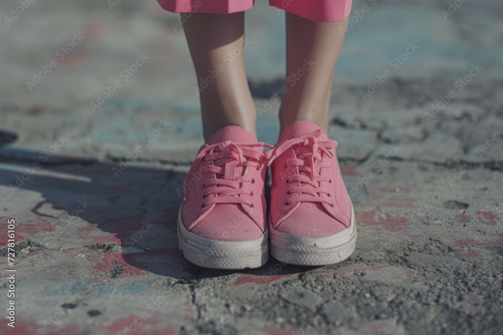 A close-up photograph of a person wearing pink shoes. This image can be used to showcase footwear fashion or as a visual representation of individual style