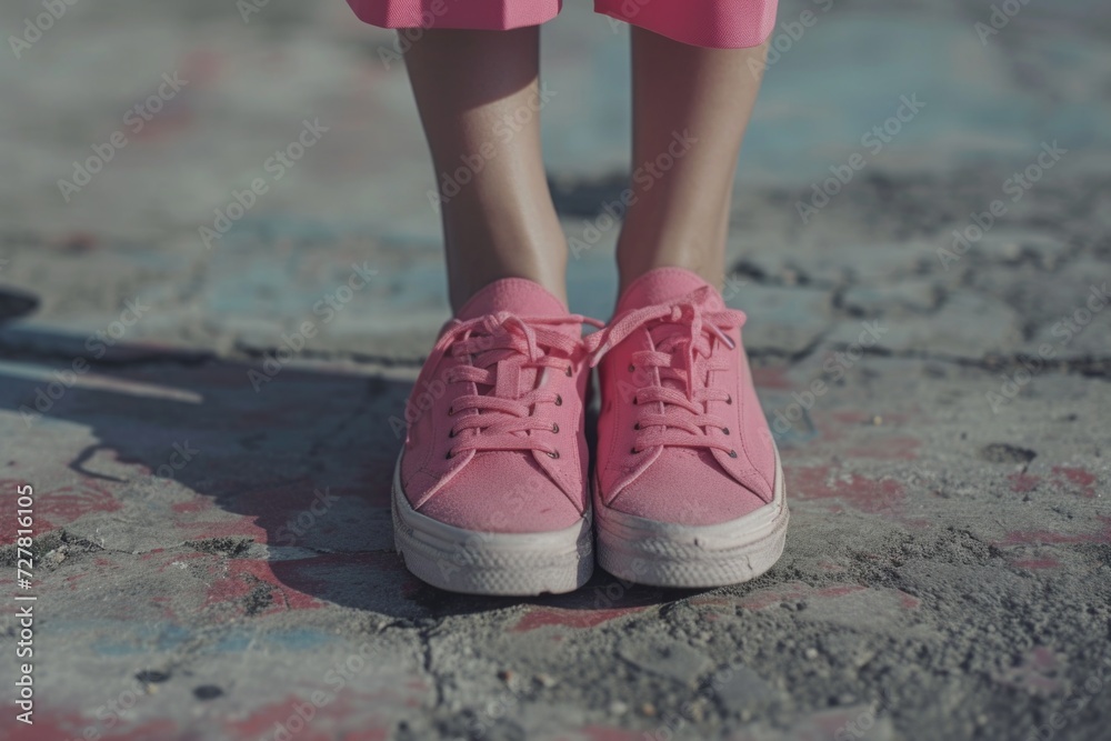 A close-up photograph of a person wearing pink shoes. This image can be used to showcase footwear fashion or as a visual representation of individual style A close-up photograph of a person wearing pink shoes. This image can be used to showcase footwear fashion or as a visual representation of individual style